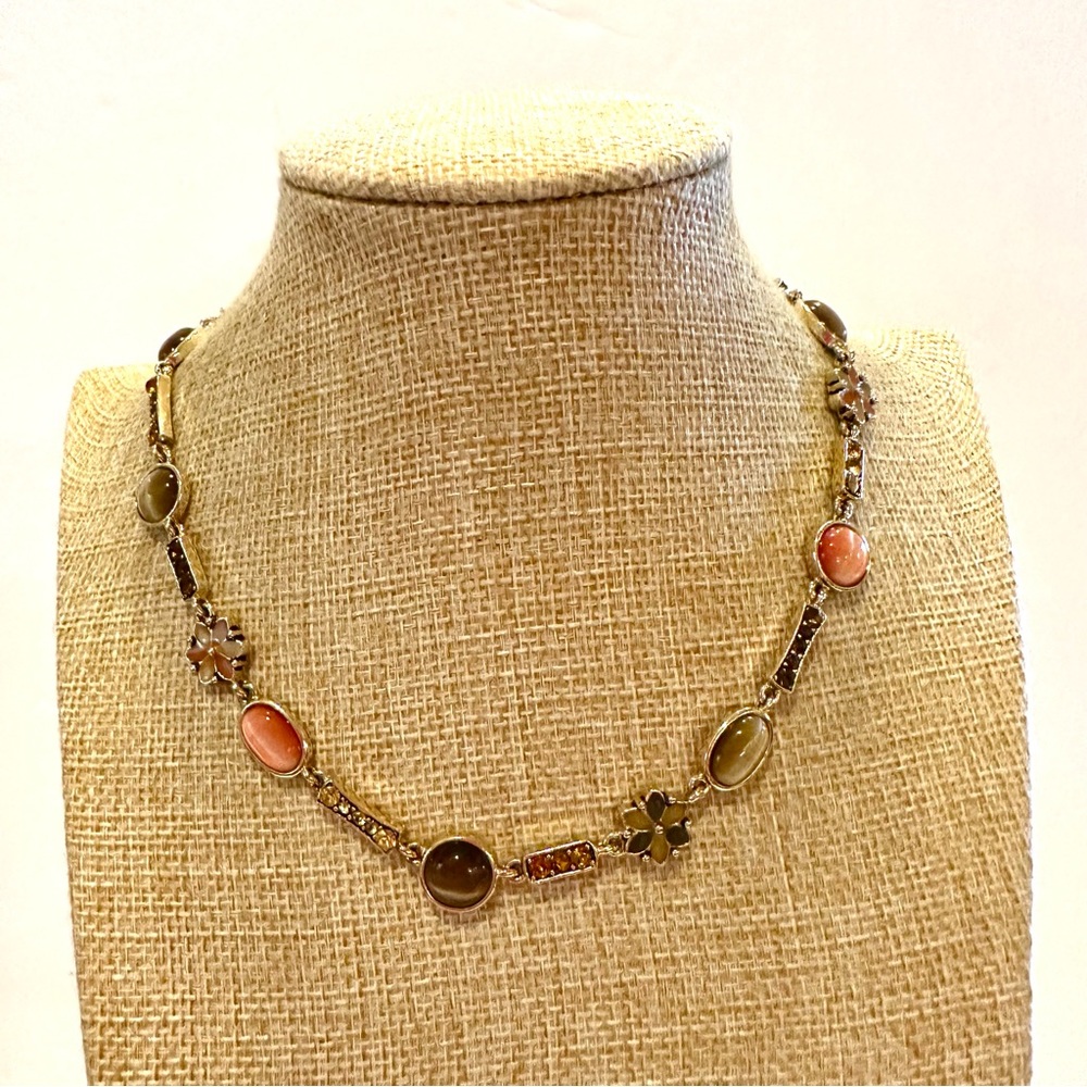 Anne Klein Collar Necklace, gold tone w/ cat’s eye & rhinestones in earth tones